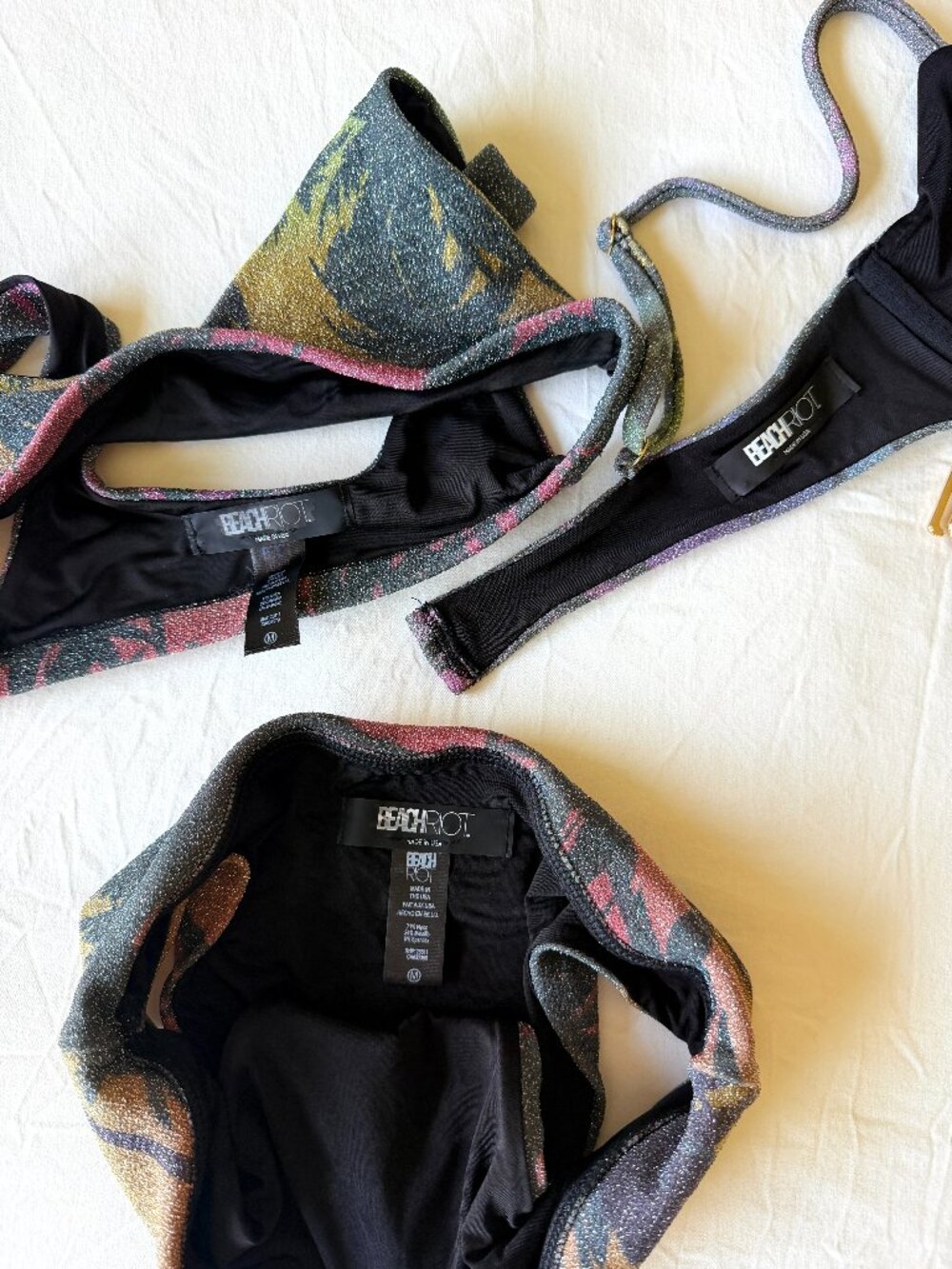 RARE 3pc Beach Riot x Revolve Bikini In Sparkly Rainbow Palm Madness Print - Picture 13 of 16
